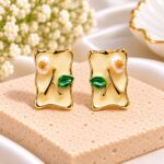 Ivory Enamel Floral Stud Earrings – Gold-Tone Pearl Flower Earrings