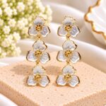 Gold-Tone White Floral Drop Earrings – Elegant 3-Layer Flower Earrings