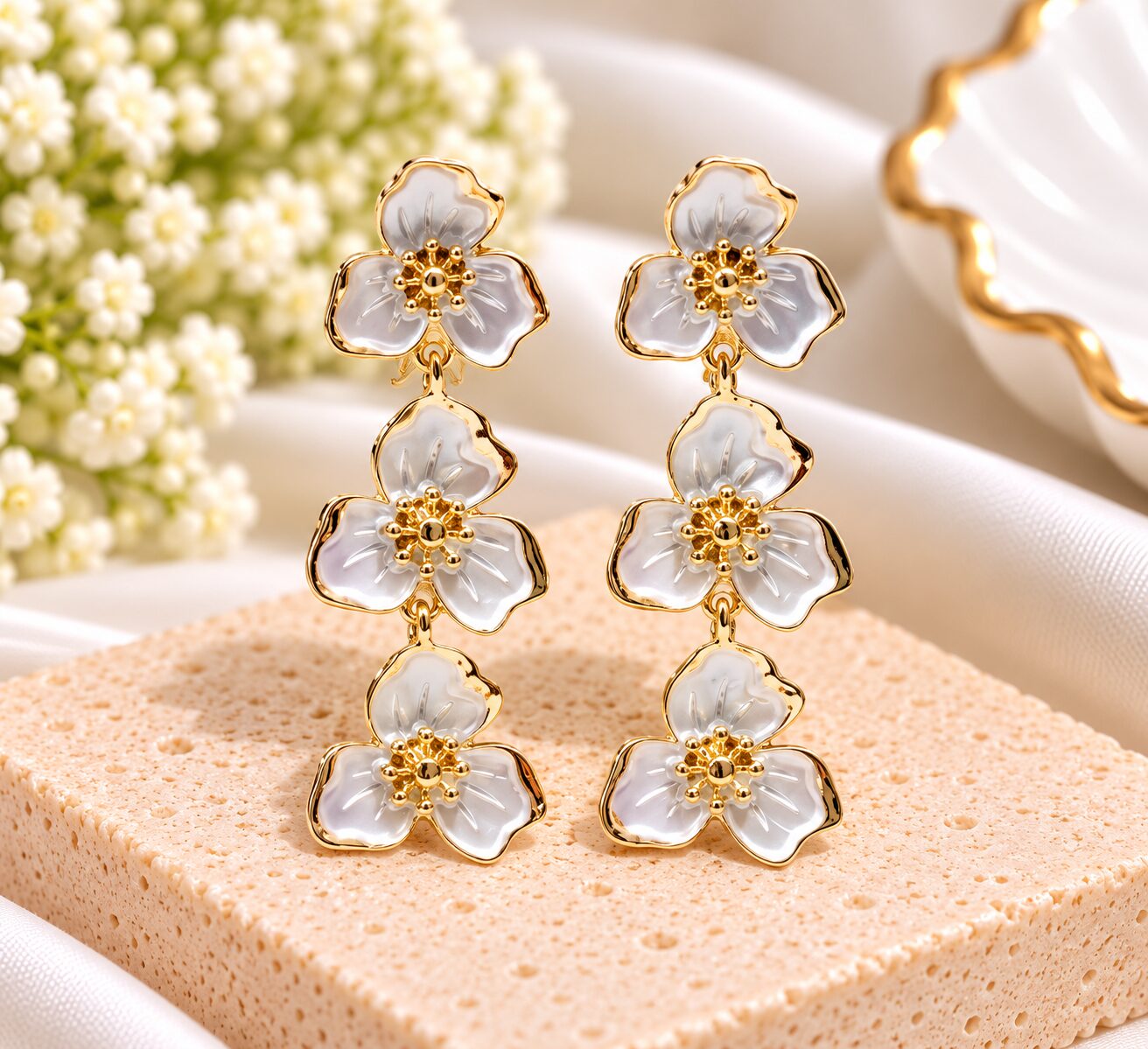 2026/10/1001801372.jpg Gold-Tone White Floral Drop Earrings – Elegant 3-Layer Flower Earrings - Image 1