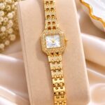 Luxury Gold-Tone Crystal Watch for Women – Elegant Square Dial Wristwatch
