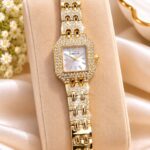 Luxury Gold-Tone Crystal Watch for Women – Elegant Square Dial Wristwatch