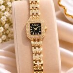 Luxury Gold-Tone Black Dial Crystal Watch – Elegant Square Dial Wristwatch