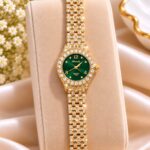 Luxury Gold-Tone Green Dial Crystal Watch – Elegant Women’s Rhinestone Wristwatch