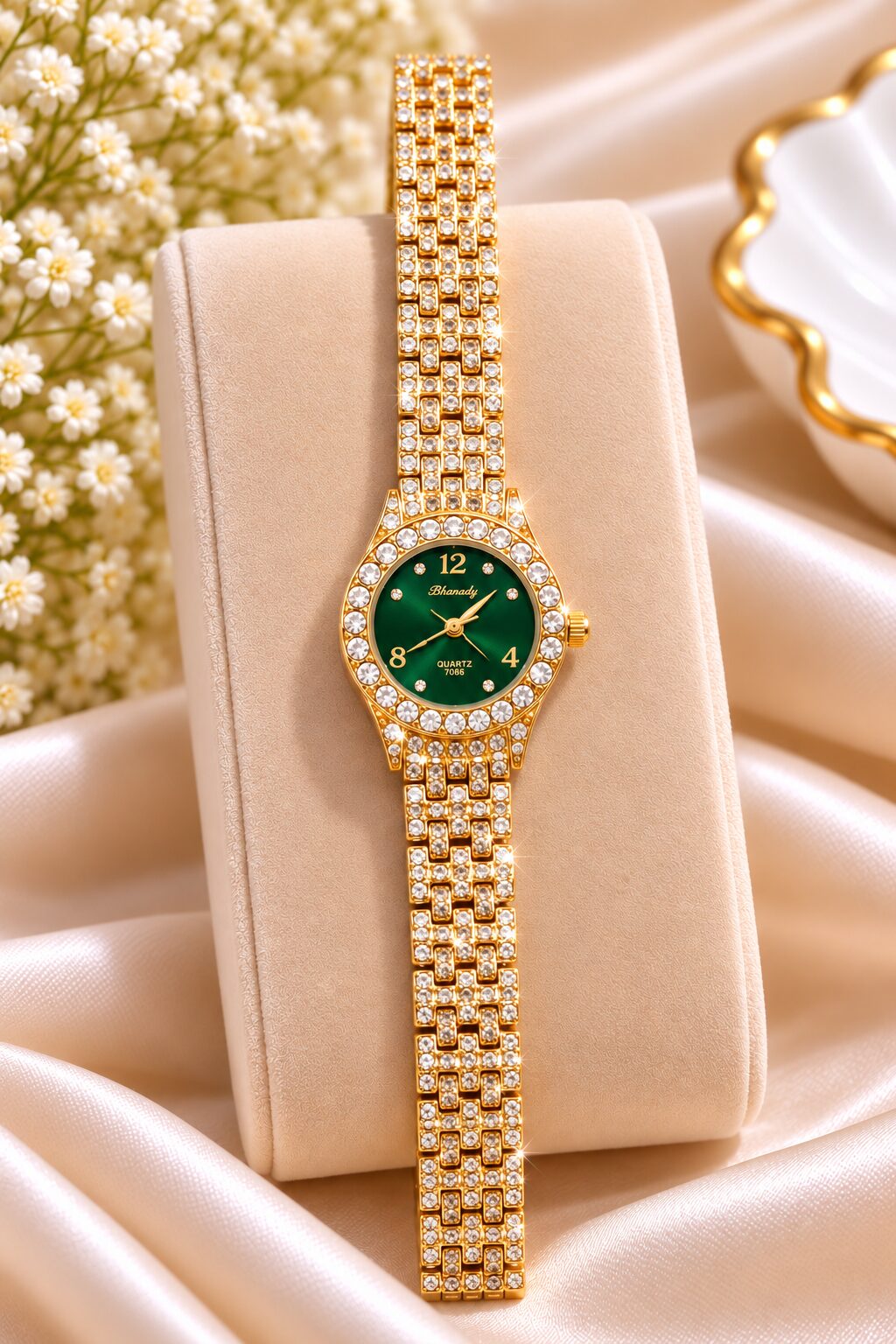 2026/10/1001801383.jpg Luxury Gold-Tone Green Dial Crystal Watch – Elegant Women’s Rhinestone Wristwatch - Image 1