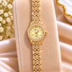 Luxury Gold-Tone White Dial Crystal Watch – Elegant Women’s Rhinestone Wristwatch