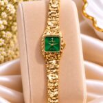 Luxury Gold-Tone Green Dial AURAI Watch – Elegant Women’s Square Dial Wristwatch