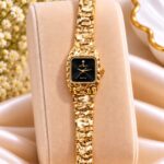Luxury Gold-Tone Black Dial AURAI Watch – Elegant Women’s Square Dial Wristwatch