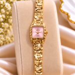 Luxury Gold-Tone Light Pink Dial AURAI Watch – Elegant Women’s Square Dial Wristwatch