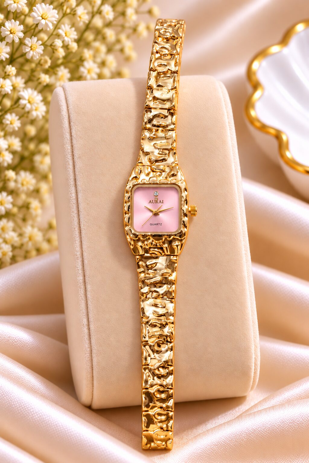 2026/10/1001801391-1.jpg Luxury Gold-Tone Light Pink Dial AURAI Watch – Elegant Women’s Square Dial Wristwatch - Image 1