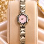 Elegant Pink Dial Hexagon Gold Watch