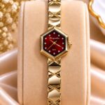 Elegant Dark Red Dial Hexagon Gold Watch