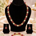 Elegant Ruby Red & Pearl Gold Necklace Set with Matching Earrings & Bracelet