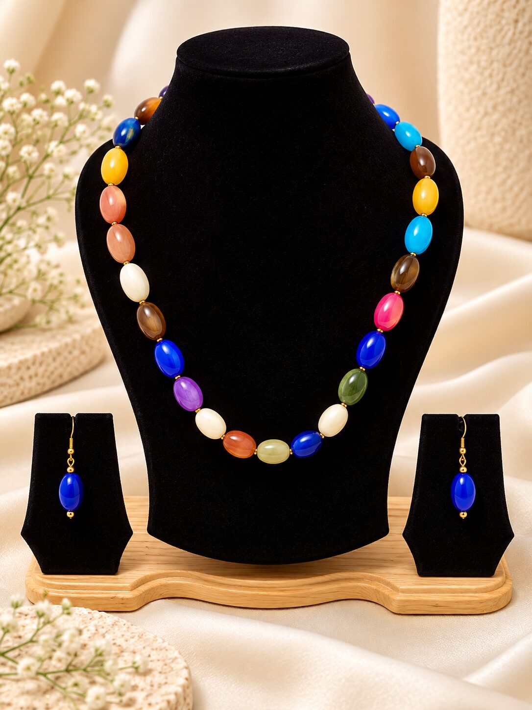 2026/10/1001802897-1.jpg Multicolor Beaded Necklace & Matching Blue Drop Earrings Set - Image 1