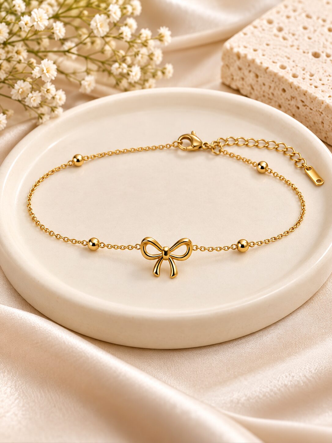 2026/10/1001802920.jpg Elegant Gold Bow Design Stainless Steel Bracelet - Image 1
