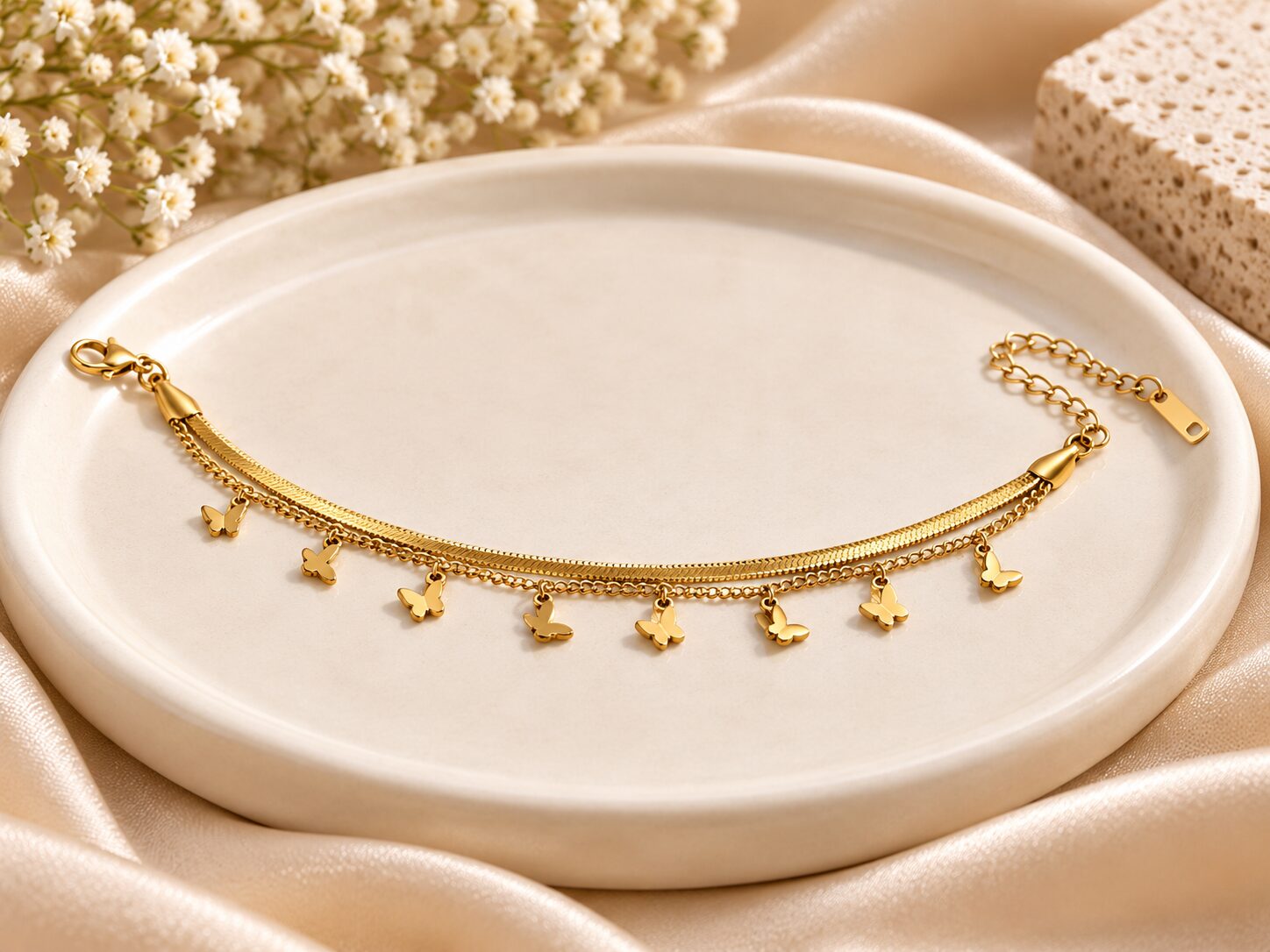 2026/10/1001802922.jpg Elegant Gold Butterfly Charm Layered Bracelet – Trendy Jewellery - Image 1