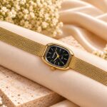 Elegant Gold Mesh Strap Black Dial Women’s Watch – KOUSHI