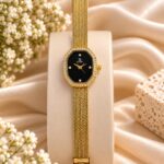 Elegant Gold Mesh Strap Black Dial Women’s Watch – KOUSHI