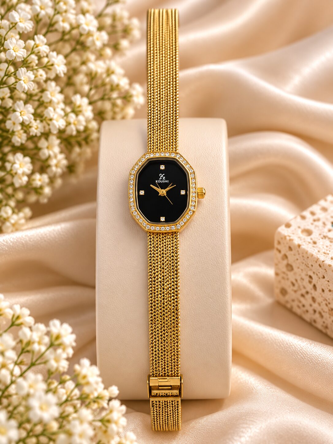 2026/10/1001802954.jpg Elegant Gold Mesh Strap Black Dial Women’s Watch – KOUSHI - Image 1