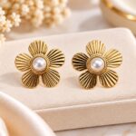 Korean Style Golden Floral Pearl Stud Earrings | Elegant Statement Earrings
