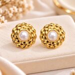 Korean Style Golden Pearl Stud Earrings | Premium Textured Floral Earrings