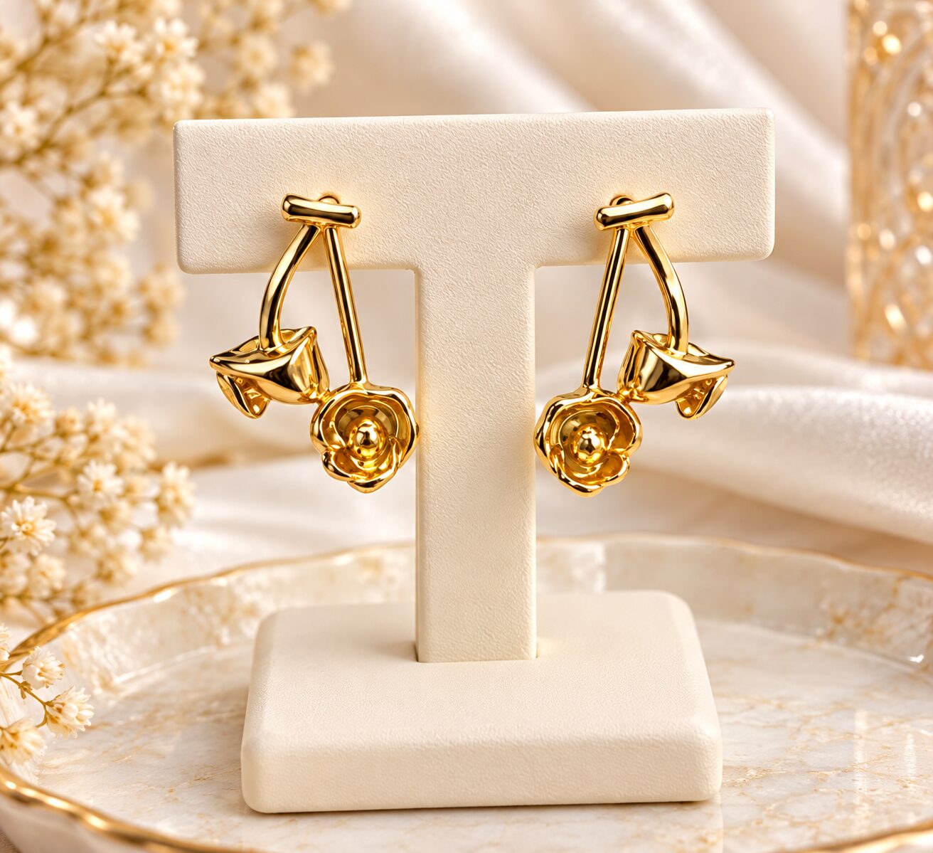 2026/10/1001803016.jpg Elegant Golden Rose Floral Earrings | Premium Korean Style Jewellery - Image 1