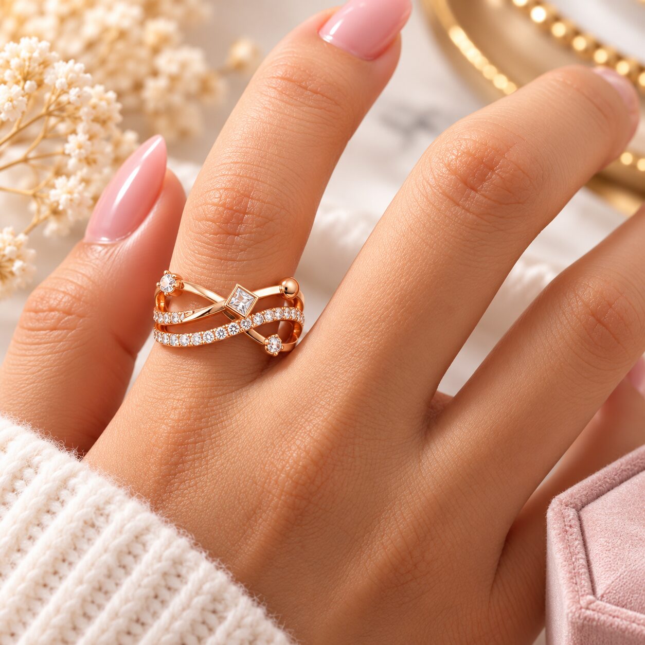 2026/10/1001804161.jpg Rose Gold Criss-Cross Ring with Square Crystal – Elegant Designer Ring for Women - Image 1