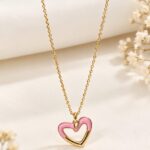 Pink Heart Pendant Gold-Tone Anti-Tarnish Stainless Steel Necklace for Women