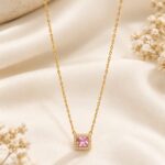 Gold-Tone Pink Square Crystal Pendant Necklace for Women | Stainless Steel Anti-Tarnish Fashion Jewellery