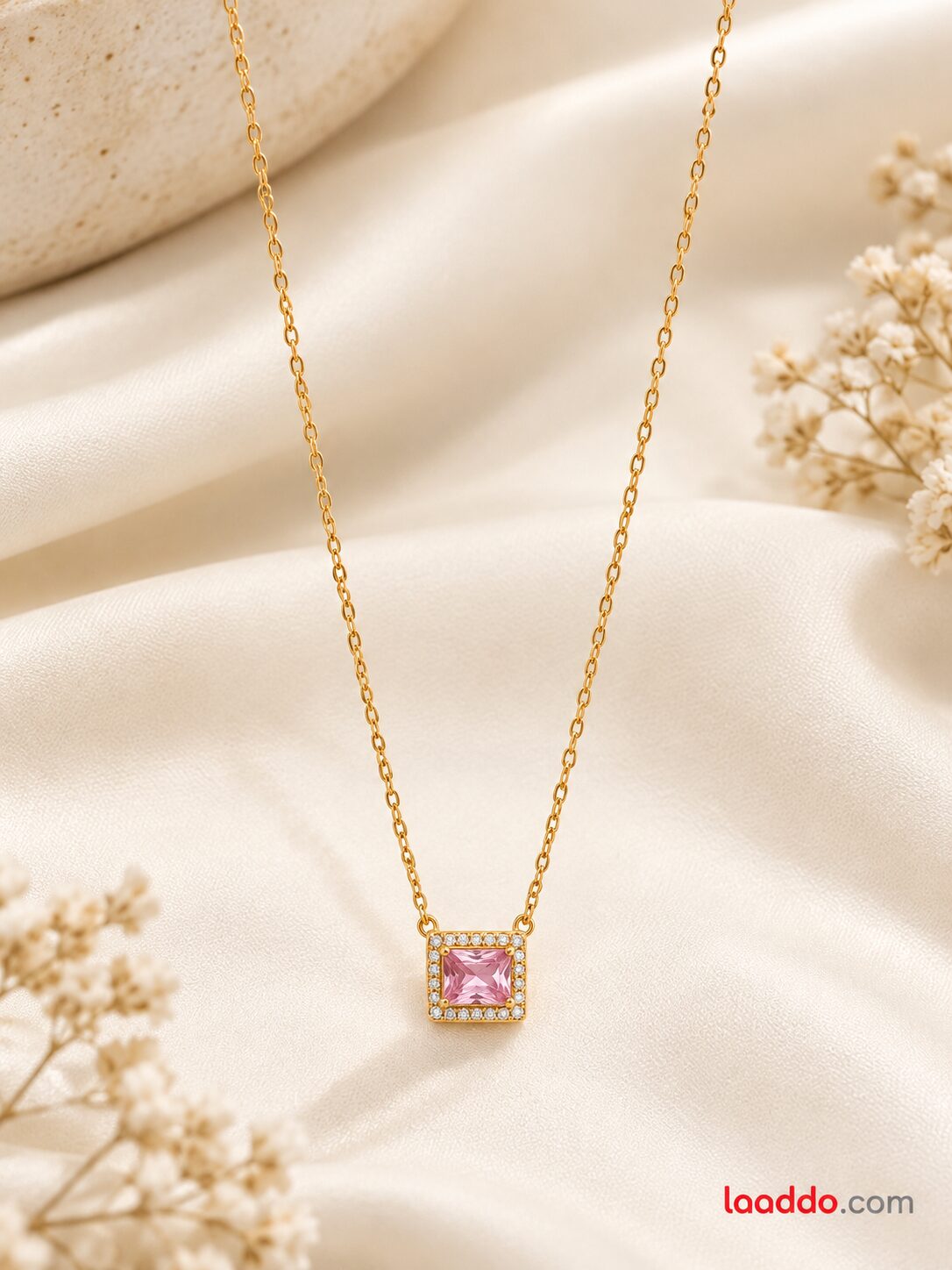 2026/10/1001804204.jpg Gold-Tone Pink Square Crystal Pendant Necklace for Women | Stainless Steel Anti-Tarnish Fashion Jewellery - Image 1