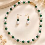 Green Pearl Beaded Necklace Set with Matching Earrings for Women | Elegant Gold-Tone Fashion Jewellery