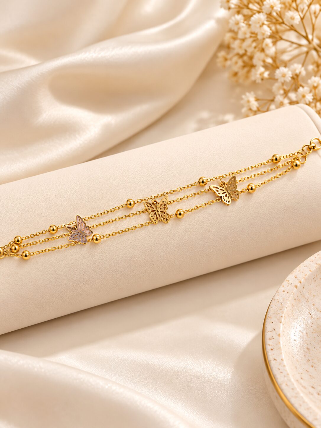 2026/10/1001804219.jpg Gold-Tone Triple Layer Butterfly Charm Anklet for Women | Elegant Stainless Steel Fashion Jewellery - Image 1