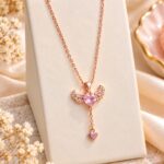 Rose Gold Pink Heart Wing Pendant Necklace with Dangling Heart Charm for Women | Anti-Tarnish Stainless Steel Jewellery