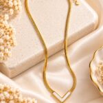Gold-Tone Herringbone Chain Necklace with White V-Shaped Pendant for Women | Elegant Fashion Jewellery