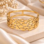 Gold-Tone Leaf Design Wide Cuff Bracelet for Women | Elegant Statement Bangle Fashion Jewellery
