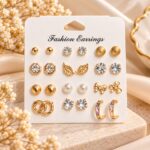 Gold-Tone 12-Pair Earrings Set for Women | Stud, Pearl, Crystal & Hoop Fashion Earrings