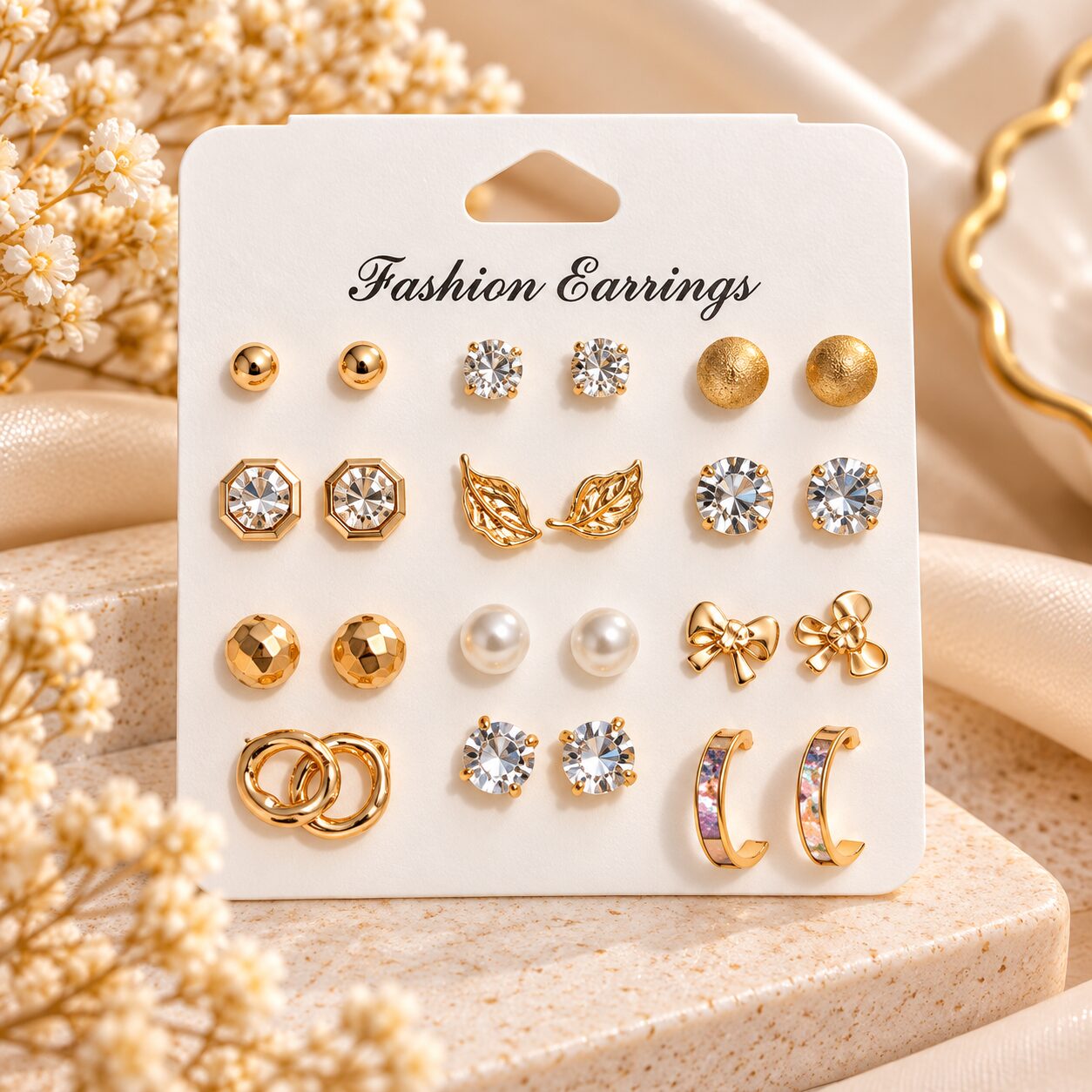 2026/10/1001804427.jpg Gold-Tone 12-Pair Earrings Set for Women | Stud, Pearl, Crystal & Hoop Fashion Earrings - Image 1