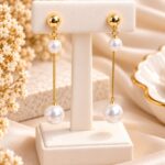 Gold-Tone Long Pearl Drop Chain Earrings for Women | Elegant Korean Style Fashion Jewellery