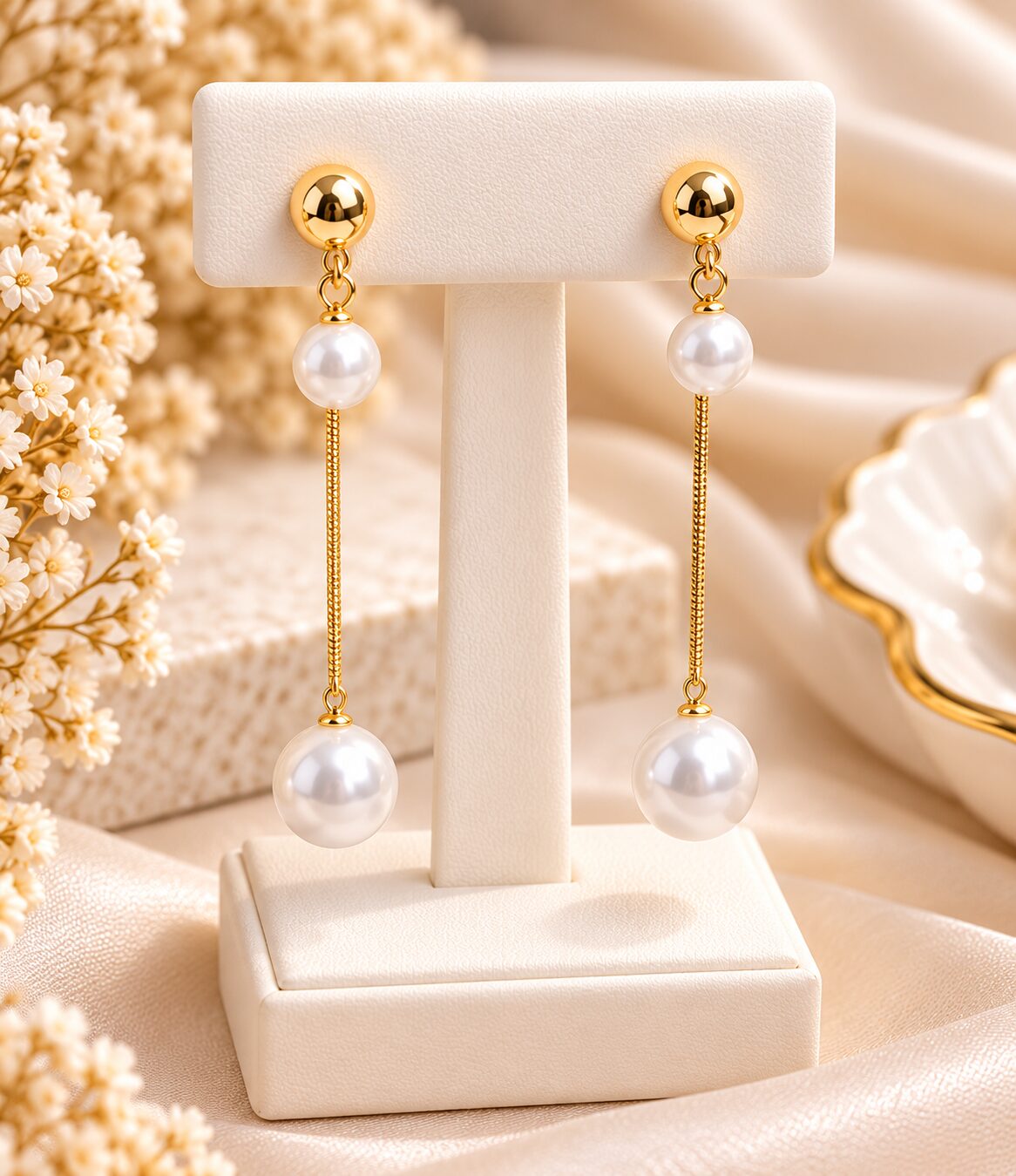 2026/10/1001804435.jpg Gold-Tone Long Pearl Drop Chain Earrings for Women | Elegant Korean Style Fashion Jewellery - Image 1