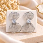 Silver-Tone Bow Design Crystal Stud Drop Earrings for Women | Elegant Party Wear Fashion Jewellery