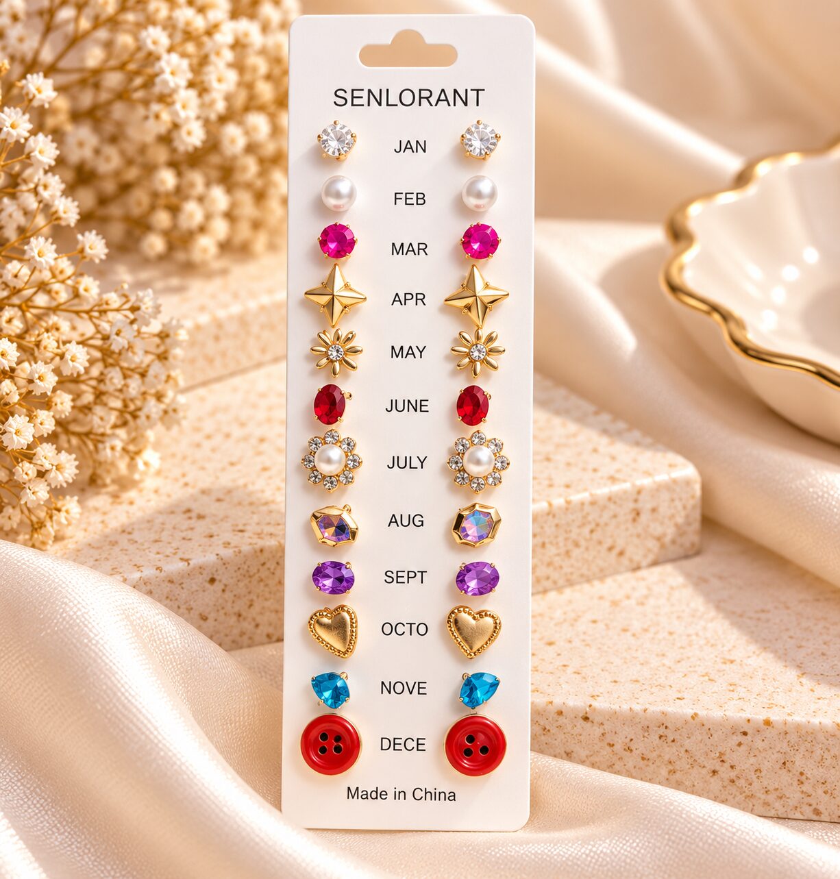 2026/10/1001804439.jpg 12-Month Birthstone Style Stud Earrings Set for Women | Colourful Gold-Tone Fashion Jewellery Gift Set - Image 1