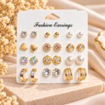 Gold-Tone 12-Pair Earrings Set for Women | Crystal, Pearl, Heart, Floral & Hoop Fashion Jewellery