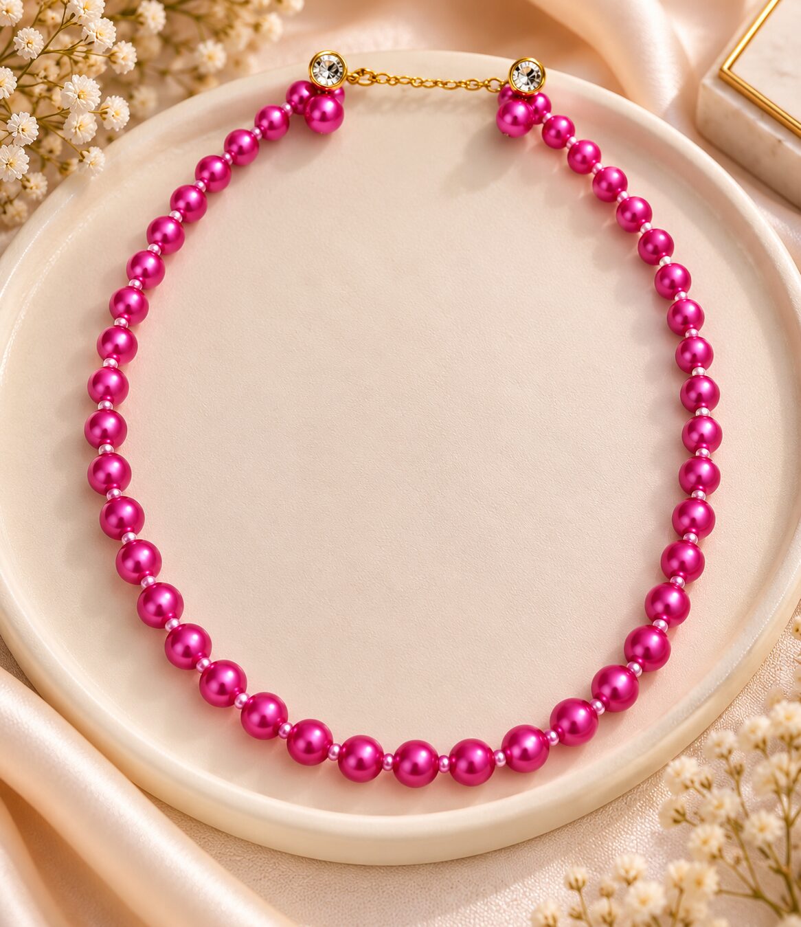 2026/10/1001804443.jpg Hot Pink Pearl Beaded Necklace for Women | Elegant Pink Bead Jewellery with Gold-Tone Crystal Clasp - Image 1