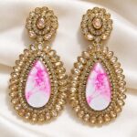 Pink Marble Stone Gold-Tone Kundan Designer Long Earrings for Women