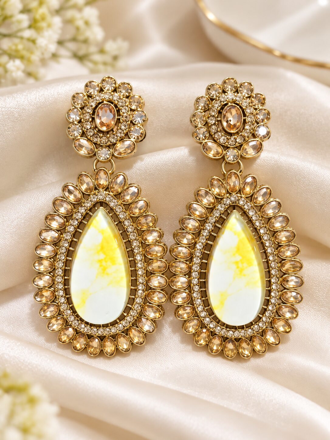 2026/10/1001805578.jpg Yellow Marble Stone Gold-Tone Kundan Designer Long Earrings for Women - Image 1