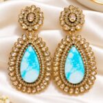 Turquoise Blue Marble Stone Gold-Tone Kundan Designer Long Earrings for Women
