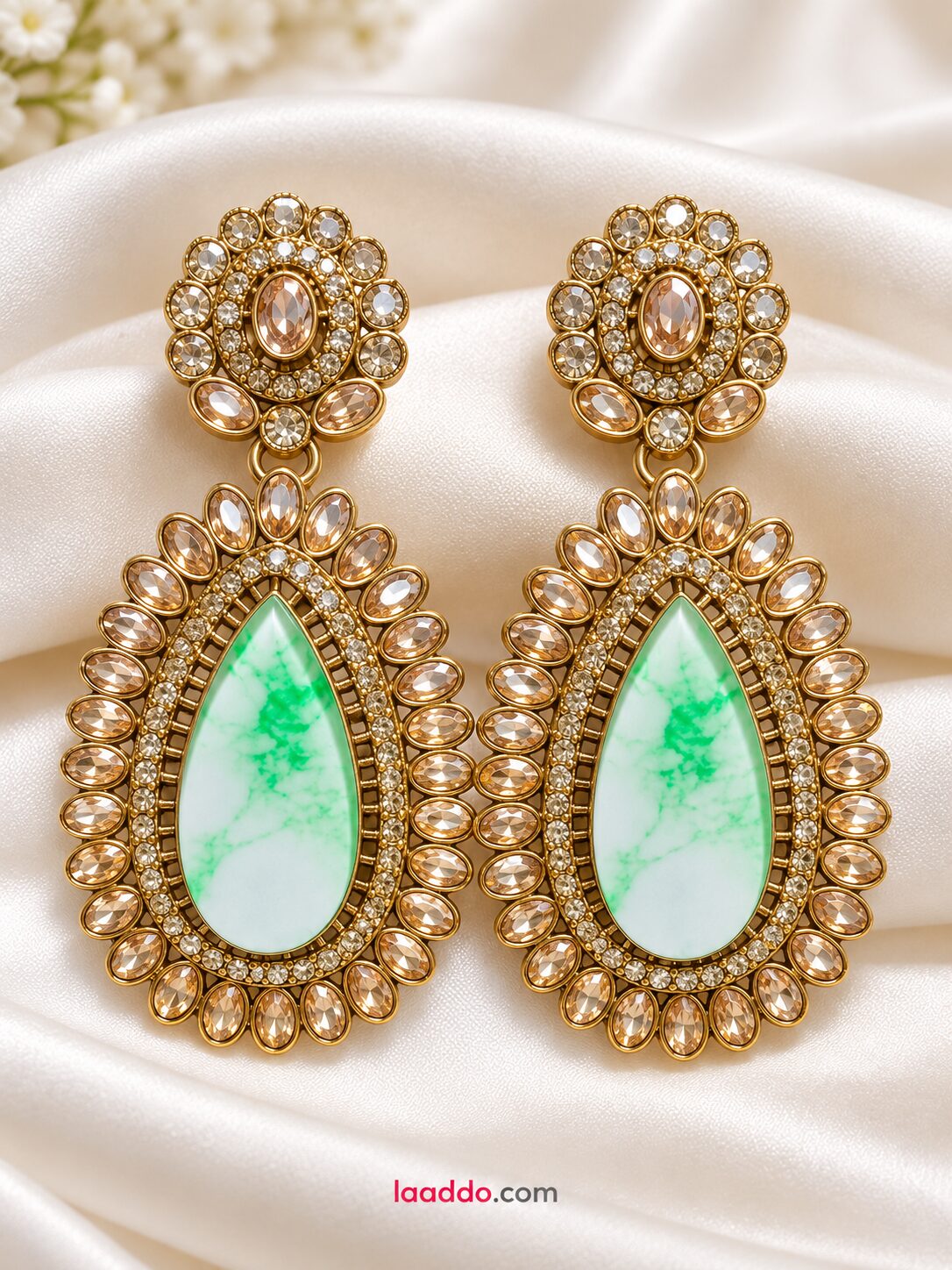 2026/10/1001805582.jpg Green Marble Stone Gold-Tone Kundan Designer Long Earrings for Women - Image 1