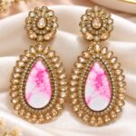 Pink Marble Stone Gold-Tone Kundan Designer Statement Earrings for Women