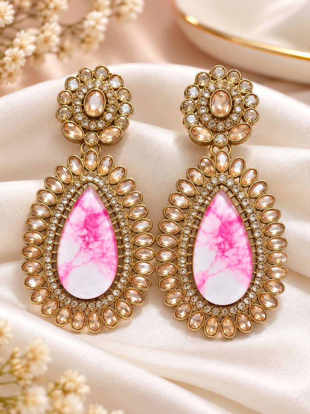 2026/10/1001805584.jpg Pink Marble Stone Gold-Tone Kundan Designer Statement Earrings for Women - Image 1