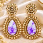 Purple Marble Stone Gold-Tone Kundan Designer Long Earrings for Women