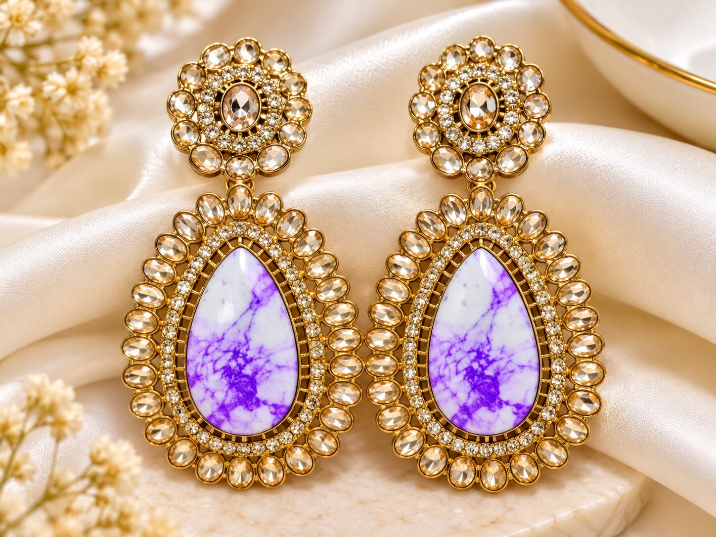 2026/10/1001805586.jpg Purple Marble Stone Gold-Tone Kundan Designer Long Earrings for Women - Image 1